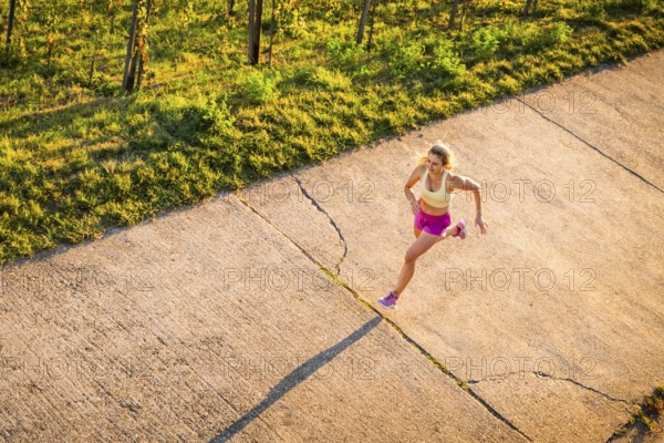 Young woman in Fitness training, vineyard at Grossheppach, Remstal valley, Baden Württemberg, Germany, Europe