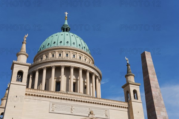 Close-up of a cathedral with a green dome under a clear sky, St. Nikolai Church, Alter Markt, Potsdam, Brandenburg, Germany, Europe