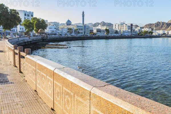 The main road Corniche leads along in an arc to the Bay of Mutrah, Muscat, Arabian Peninsula, Sultanate of Oman