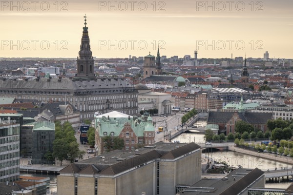 City centre with stock exchange, Christiansborg Palace and Gammel Strand, Copenhagen, Denmark, Europe