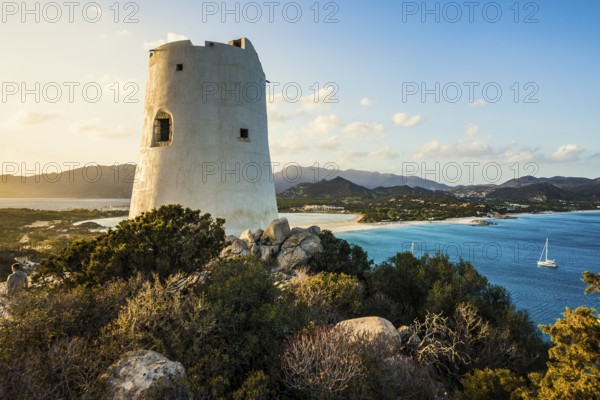 Panorama, Saracen tower and beach, sunset, Torre di Porto Giunco, Spiaggia di Porto Giunco, Capo Carbonara, Villasimius, south coast, Sardinia, Italy, Europe
