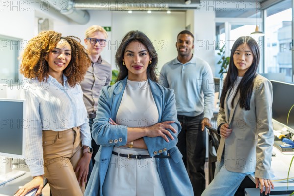 Multi ethnic team of professionals standing together in modern coworking office, showcasing teamwork and collaboration