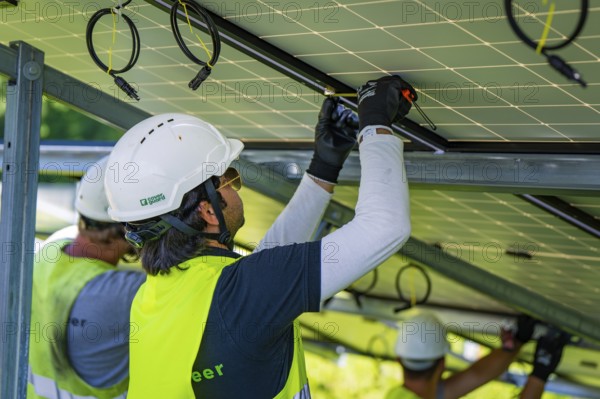 Workers install solar panels wearing safety helmets and high-visibility waistcoats, construction of Black Forest Nature solar park, Weil der Stadt, Germany, Europe
