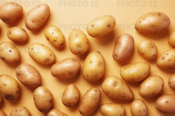 Top view of whole raw potatoes on yellow background. KI generiert, generiert, AI generated