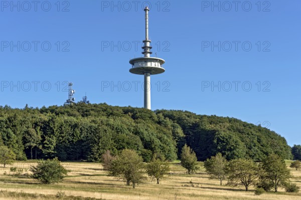 German Telekom telecommunications tower, transmission tower, forest, dry meadows, Hoherodskopf summit, excursion destination, Schotten, Vogelsberg Volcano Region nature park Park, Hesse, Germany, Europe