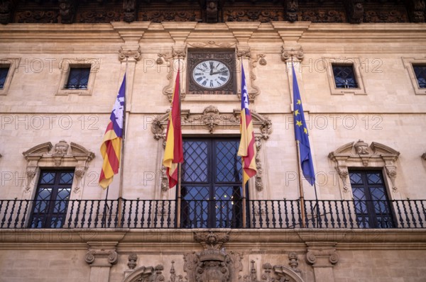 Historic town hall, flags, clock, Palma de Majorca, Majorca, Balearic Islands, Balearic Islands, Spain, Europe
