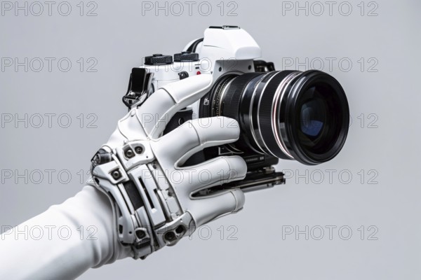White android hand holding photo camera. Concept for photographes creaded by artificial intelligence. AI generated