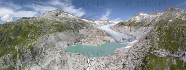 Rhone glacier, valley glacier in the headwaters of the Rhone in the Swiss Alps. Melting glacier, the glacier is getting smaller and smaller. Drone photo. Obergoms, Canton Valais, Switzerland, Europe