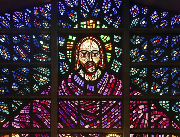 Detail of Blessed Sacrament Chapel stained glass window, Buckfast Abbey, Buckfastleigh, Devon. England, UK by Charles Norris 1968