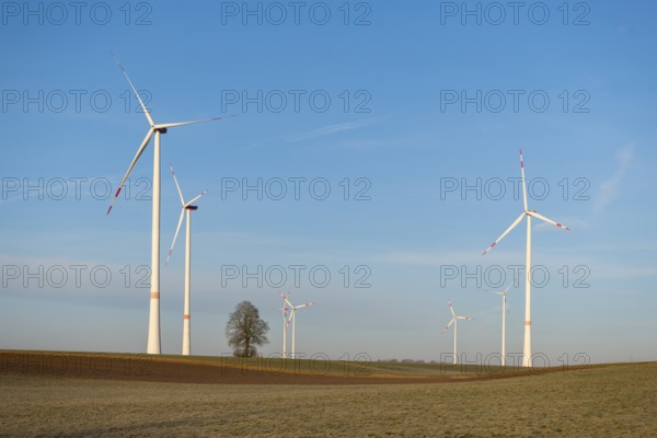 Several wind turbines rotating over a wide field, sustainable energy generation shown, solar park, near Ulm, Swabian Alb, Baden-Württemberg, Germany, Europe