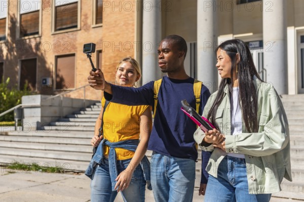 Multi-ethnic university students recording vlog with small portable digital camera