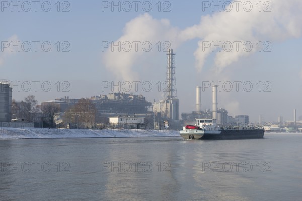 BASF plant site on the banks of the Rhine, chemical company, cargo ship, foggy mood, Ludwigshafen, Rhineland-Palatinate, Germany, Europe
