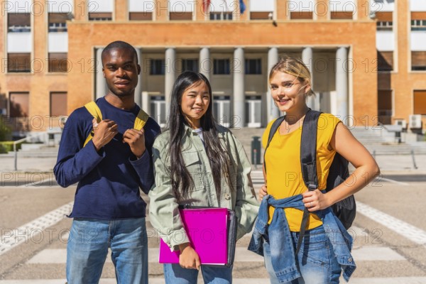 Portrait of three multi-ethnic students at the campus standing outside the entrance of the university