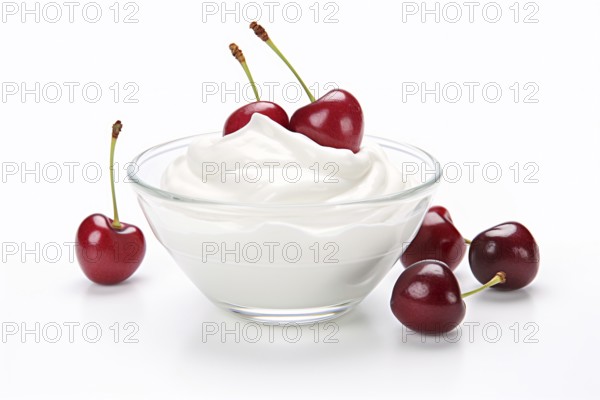 Bowl with yogurt and cherry fruits on white background. KI generiert, generiert, AI generated