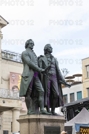 Goethe-Schiller monument in front of the German National Theatre in Weimar, Thuringia, Germany, Europe