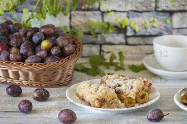 Plum cake on a plate next to a basket with fresh plums and a cup in the background, on a white rustic table