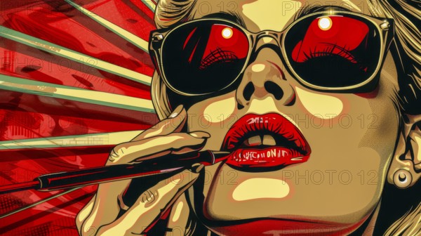 Pop art depiction of a glamorous woman with red lips and sunglasses in bold colors, AI generated