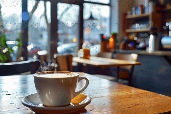 Coffee break in a stylish café with a view of the lively street atmosphere, AI generated, AI generated