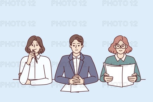 Business people from recruiting company with skeptical expression are conducting interview sitting at table in office. Man and two women work as HR managers and participate in recruiting processes