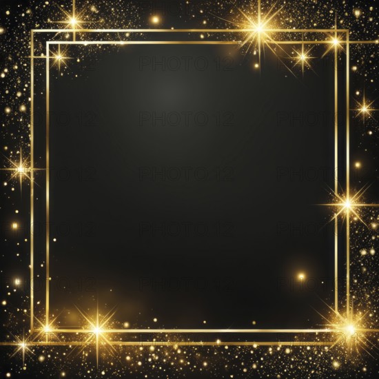 Golden frame with star bursts and glittering sparkles on a dark background, evoking a magical and celebratory atmosphere, AI generated