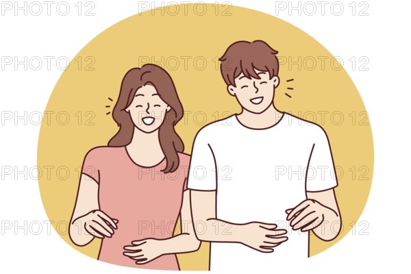 Happy man and woman stands and smiling experience positive emotions from walking together. Everyday zoomers boy and girl are laughing while discussing funny life stories. Flat vector image