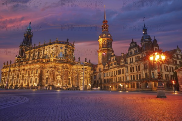 Dresden sunset Residenzschloss and Hofkirche buildings in Germany