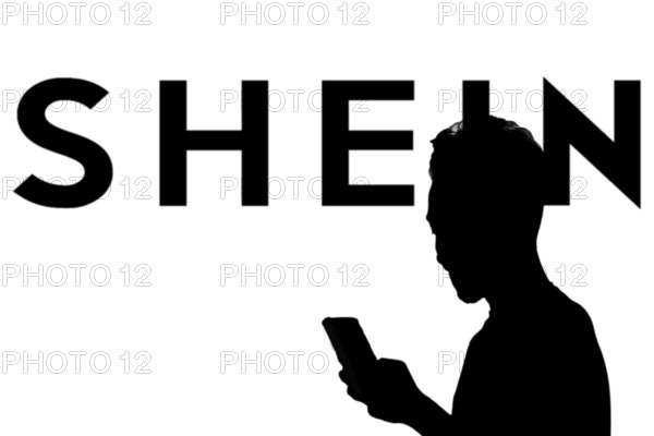 Smartphone with website of fashion e-commerce company Shein in front of business logo. Focus on top-left of phone display