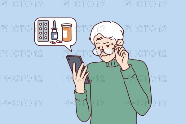 Elderly man orders medicines for home delivery using mobile phone from pharmacy application. Pensioner reads recommendations of ministry of health on use of medicines to treat diseases