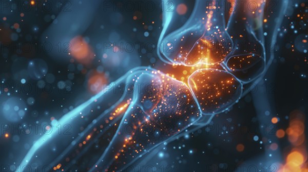 Digital art depicting a blue and orange neural network with glowing connective tissues and cells, AI generated