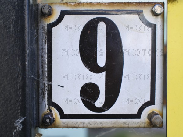 Vintage, house number plate, number 9, digit, anniversary, birthday, North Rhine-Westphalia, Germany, Europe