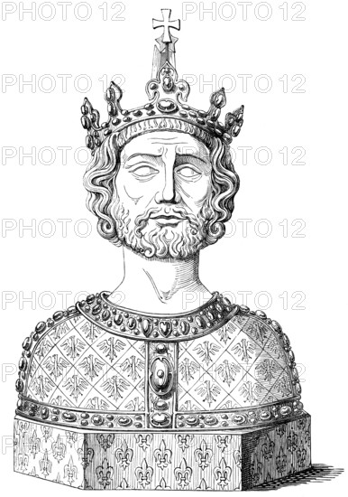 Historical illustration, 19th Century, Charlemagne, Charles the Great or Carolus Magnus, 747-814, King of the Franks and Emperor of the Romans, Carolingian dynasty, Karl der Große, Carolus Magnus, Karolus Magnus oder Charlemagne, 747 - 814, König des Fränkischen Reiches und Römischer Kaiser aus dem Geschlecht der Karolinger, historische Zeichnung, 19. Jahrhundert
