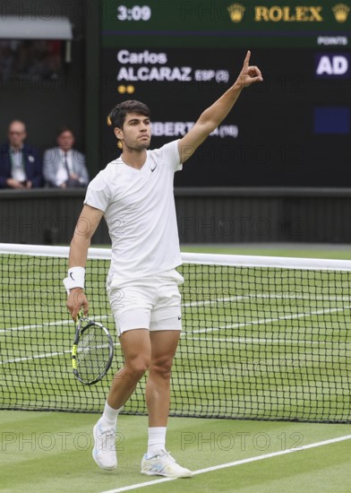 Spanish tennis player Carlos Alcaraz celebrating at the 2024 Wimbledon Championships, London, England, United Kingdom, Europe