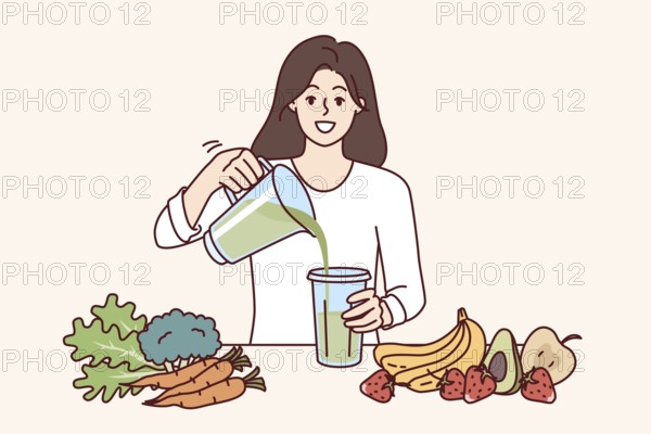 Woman drinks diet smoothie made in blender from organic fruits and vegetables with healthy vitamins. Cheerful girl uses detox diet to get rid of excess weight or harmful toxins in body