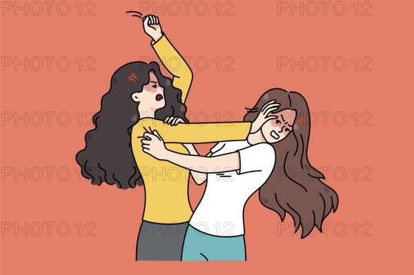 Pair of angry young women fight and quarrel. Mad teenage girls fighting pulling hair. Female conflict and problem solving with fists. Flat illustration