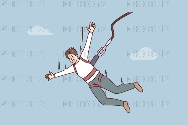 Excited young man jumping with parachute. Smiling guy enjoy extreme sport with rope jumping. illustration