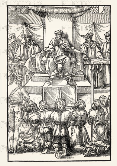 Praxis criminis persequendi, Conviction of the accused, 1541, by Geoffroy Tory, facsimile of the 19th century