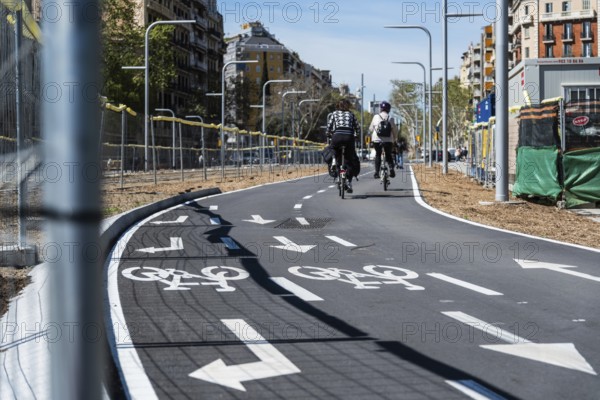 Newly built, two-lane cycle path in Barcelona, Spain, Europe