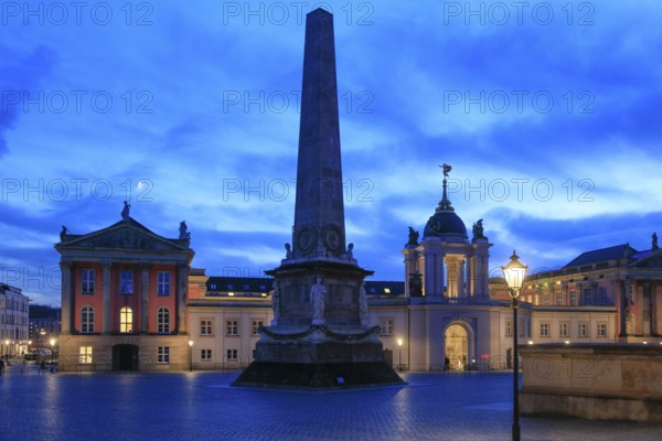 City Palace with Fortuna Portal, Obelisk, Alter Markt in the evening, Potsdam, Brandenburg, Germany, Europe