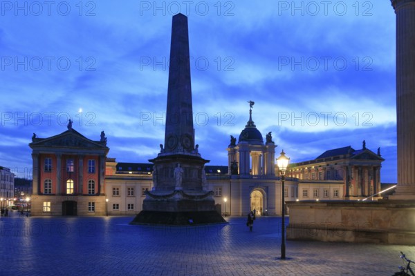 City Palace with Fortuna Portal, Obelisk, St. Nikolai Church, Old Market in the evening, Potsdam, Brandenburg, Germany, Europe