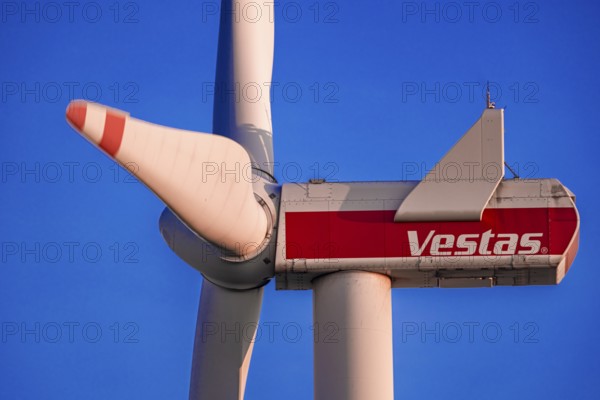 Vestas wind turbine at the Sintfeld Nord car park on the A44 motorway, Bad Wünnenberg, North Rhine-Westphalia, Germany, Europe