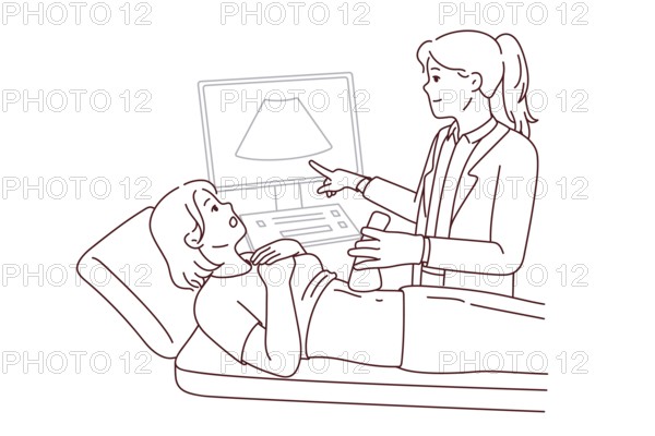 Doctor do belly ultrasound for woman lying on bed in hospital or clinic. Gynecologist or GP scan female patient abdomen. Healthcare and medicine. Vector illustration
