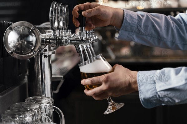 Close up hands pouring beer glass