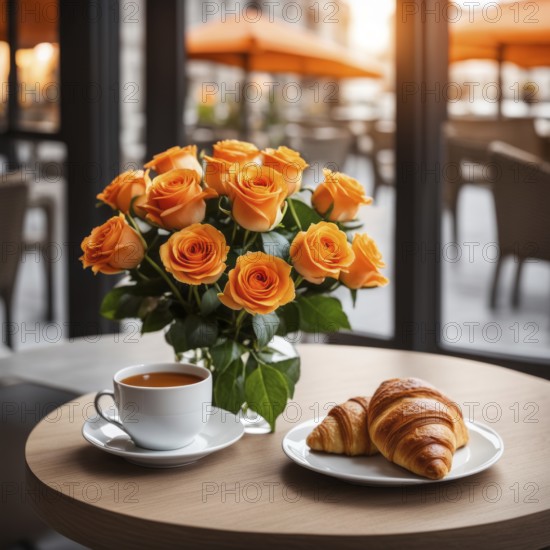 A cozy patio breakfast scene with orange roses, croissants, and a cup of coffee on a table with morning light, AI generated