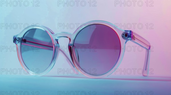 Stylish sunglasses with clear frames are showcased against a reflective blue and pink gradient, ai generated, AI generated