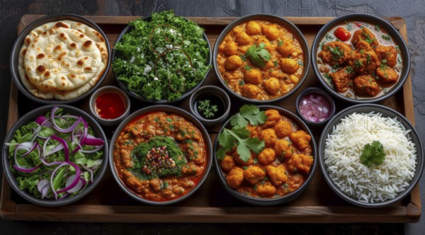 An array of Kashmiri dishes including chickpea curry, palak paneer, and rice with naan, AI generated