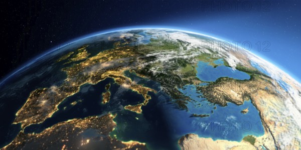 Highly detailed Earth with atmosphere, exaggerated relief and light-flooded cities. Transition from night to day. Europe, the Mediterranean Sea. 3D rendering. Elements of this image furnished by NASA