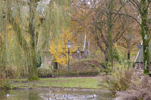 A park with a pond and ducks, surrounded by autumn trees, weseke, münsterland, germany
