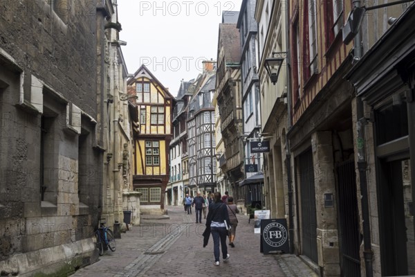Rouen, France, August 30, 2018: Old houses in the tourist center of Rouen, built in the traditional Normandy style, Europe
