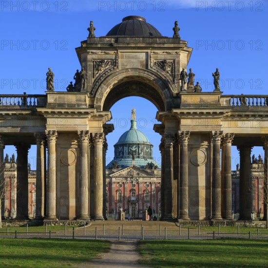 Colonnades with Triumphal Gate, New Palace, Unesco World Heritage Park Sanssouci, Potsdam, Brandenburg, Germany, Europe