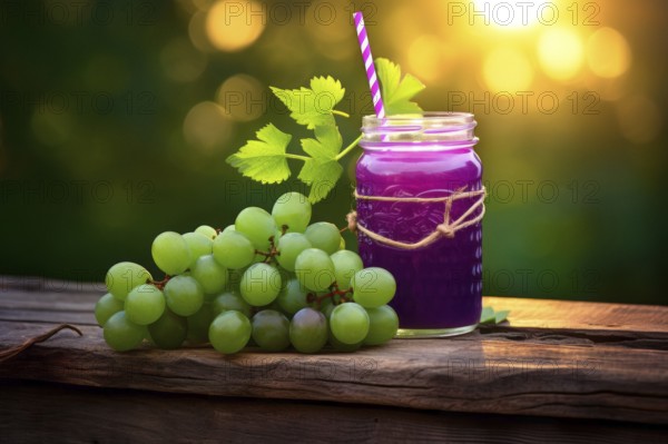 Fresh fruit shake in a glass, smoothie, dessert, dessert, green grape, purple grape juice, wellness drink, straw, green nature behind, sunset, AI generated